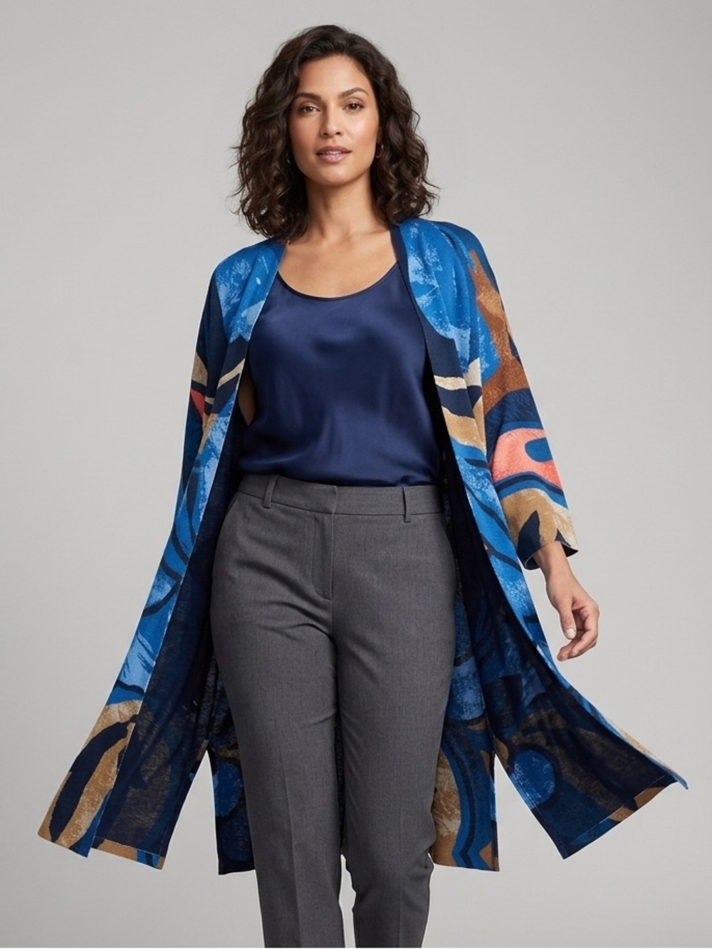 Chico's  Travelers
Blue Abstract Multi Color Artsy Open Front Jacket‎ Size XL